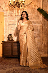 Tussar Beige Gold Banarasi Tissue Handloom Saree